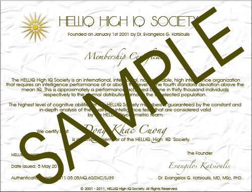 HELLIQ Certificate - SAMPLE